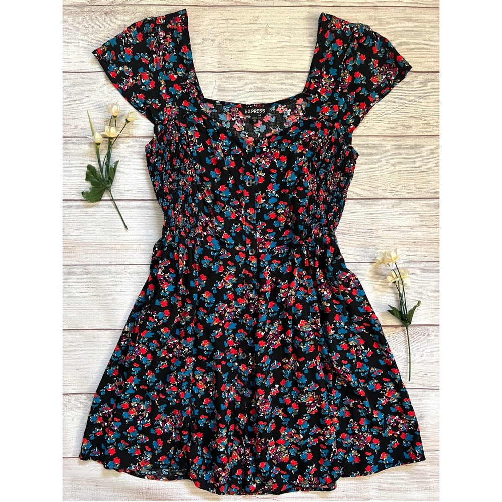 EXPRESS Floral Print Button Front Smocked Sides Cap Sleeve Dress